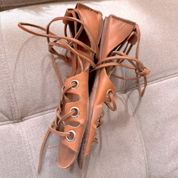 Zimmermann Leather Gladiator Flat Sandals strappy wrap riveted brown tan boho - Picture 10 of 12